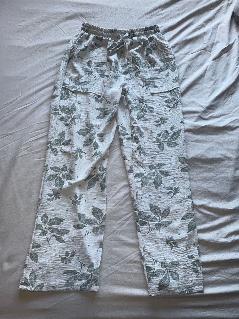 Wide Leg Women’s Pants with Green Leaf Print - Casual Comfort